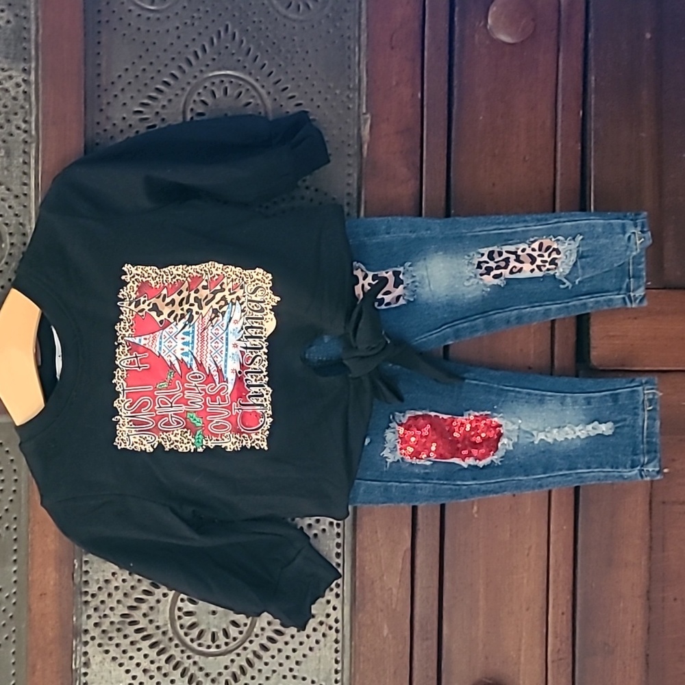 Girls NWT Christmas Holiday Outfit 6-12 MONTHS Jeans XXXS Red Sequin